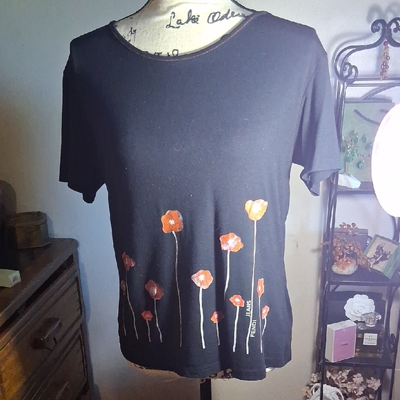 Vintage Fendi Black Top with Orange Floral Design Size Medium - Picture 1 of 4